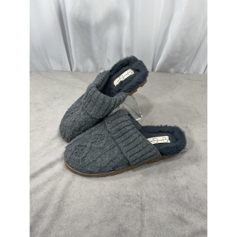 Jessica Simpson Gray Sweater Knit Slippers Size M 7-8 Grip Sole Shoes Faux Fir